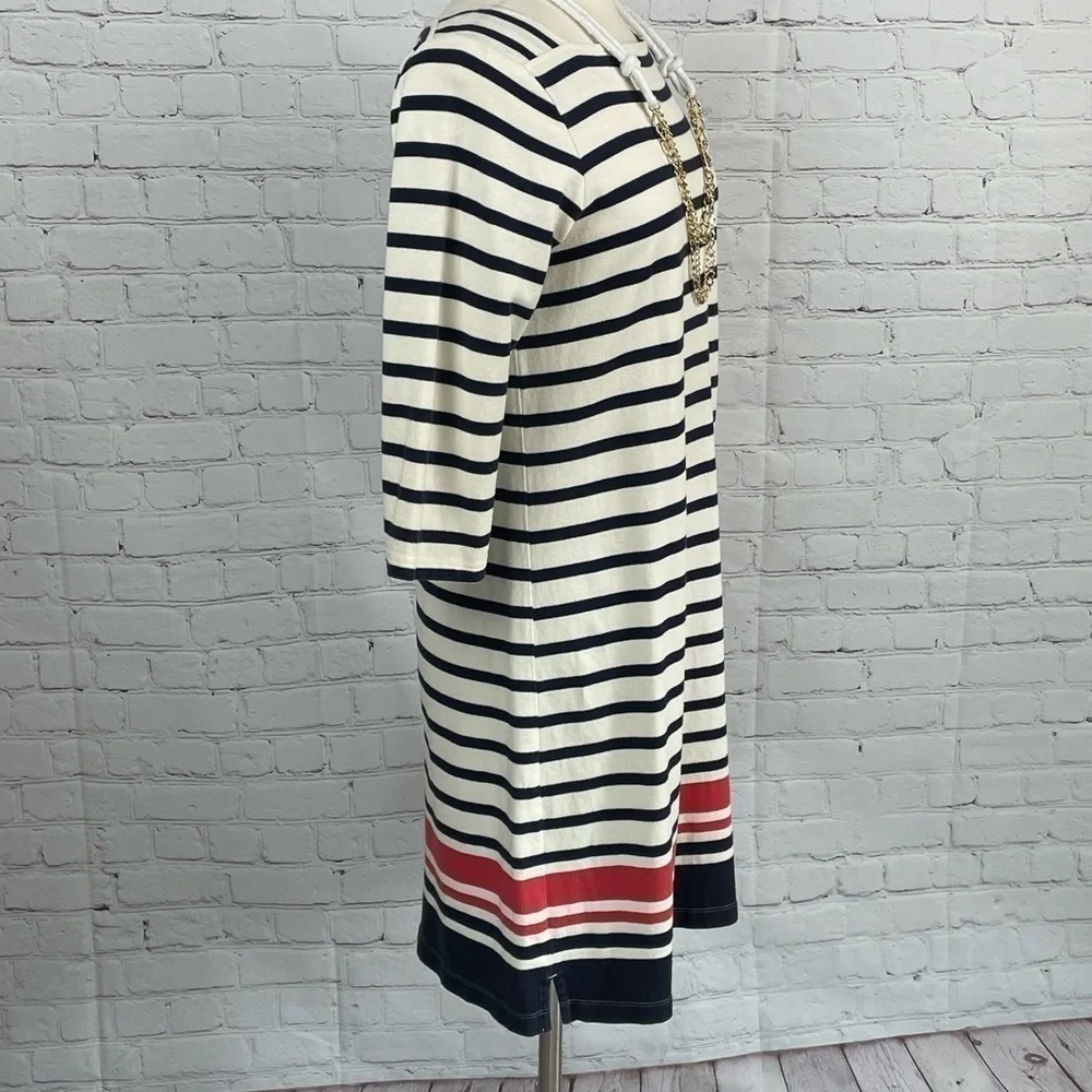 LL Bean Medium Boat Neck 3/4 Sleeve Dress Striped 100% Cotton Cream/Blue/Red - Picture 4 of 11